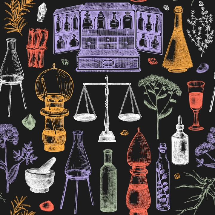 Herbal medicine background. Apothecary seamless pattern. Alchemy hand-drawn vector illustrations. Medicianl herbs fabric, textile, wrapping paper. NOT AI generated
